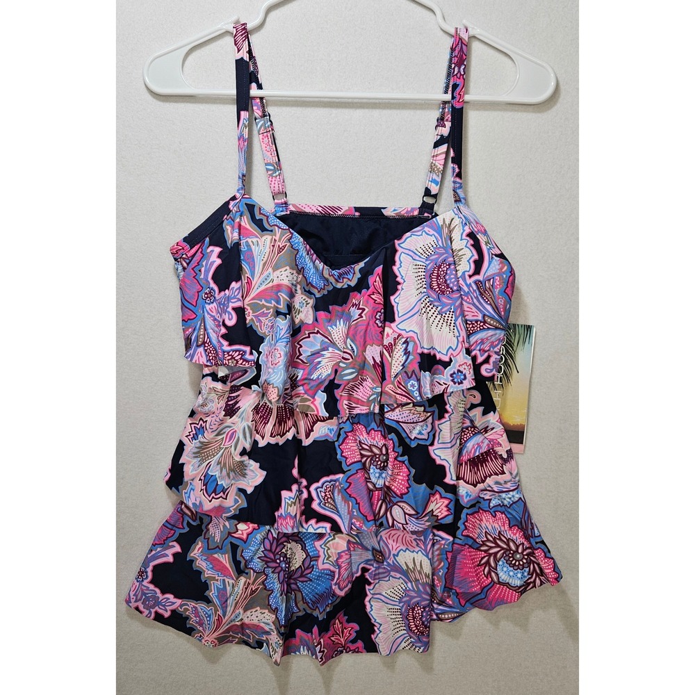 Beach House Women's Floral Tankini Swim Top Sz 10, Padded, Black/Pink/Blue, EUC